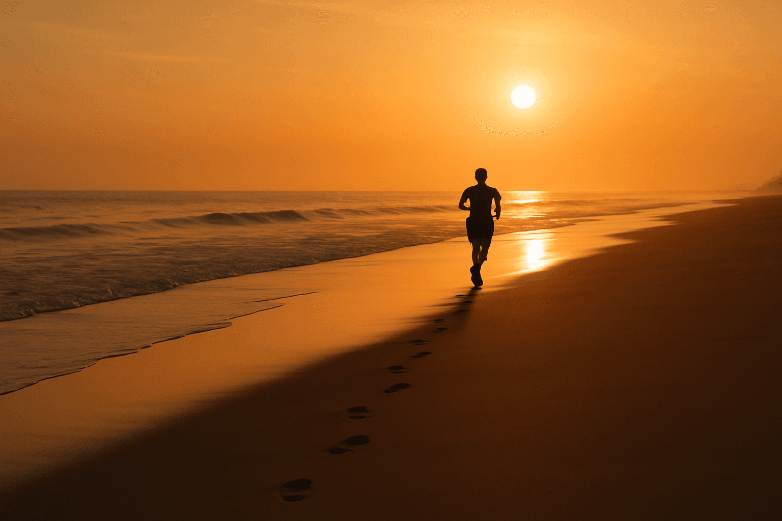 Person running along the shoreline at sunset, leaving footprints in the sand.